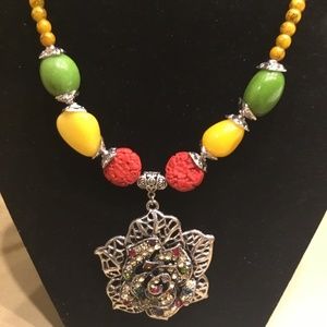 Vintage Pendant Statement Necklace with Jade Beads